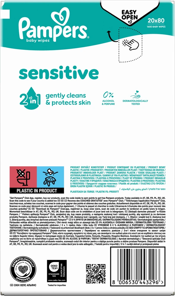Pampers Drėgnosios servetėlės Sensitive 20 pak. 80 servetėlių = 1200 vnt.