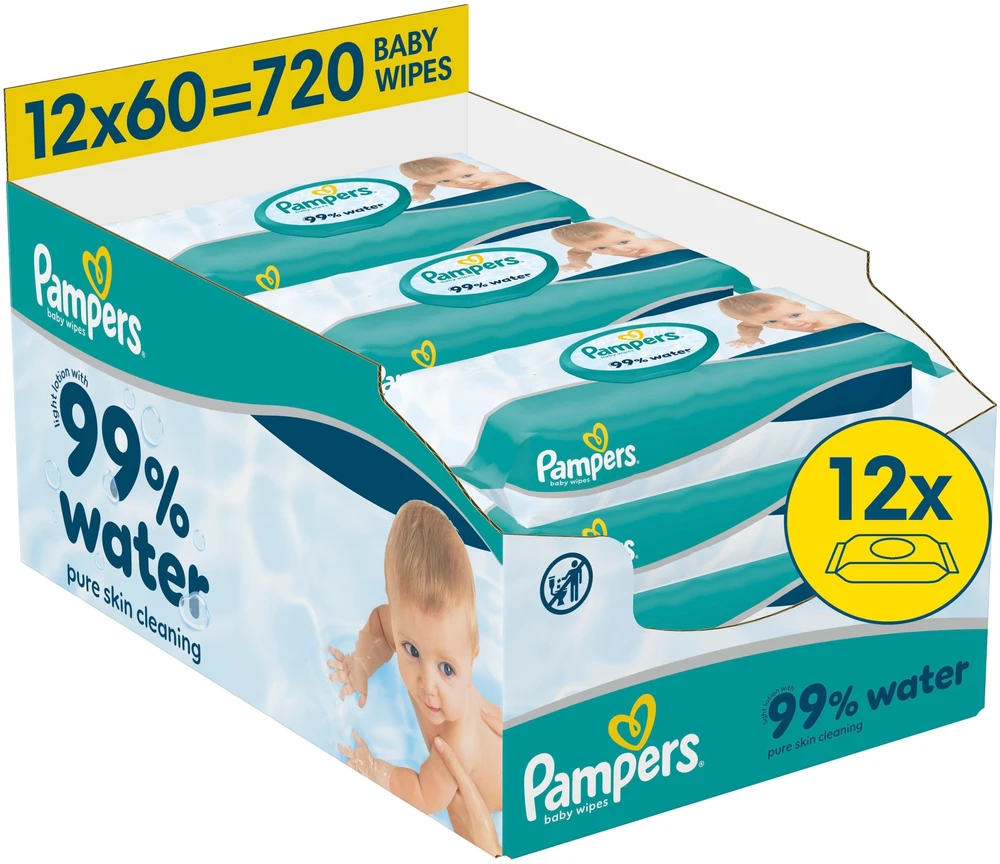 Pampers Aqua Servetėlės Kūdikiams, 12 Pakuotė, 720 Servetėlės