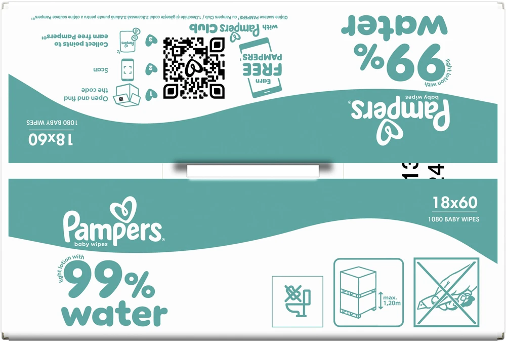 Pampers Aqua Servetėlės Kūdikiams, 18 Pakuotė, 1080 Servetėlės