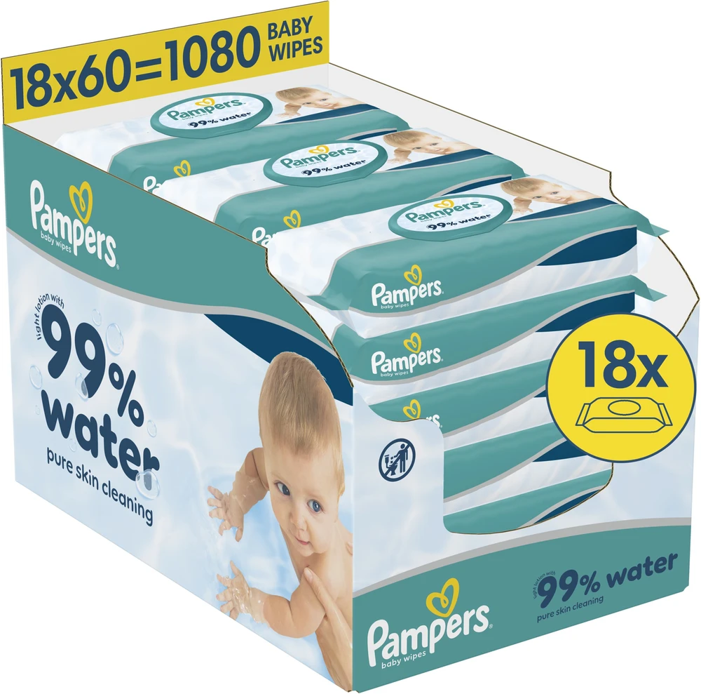 Pampers Aqua Servetėlės Kūdikiams, 18 Pakuotė, 1080 Servetėlės