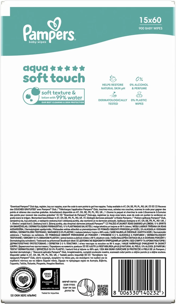 Pampers Aqua Soft Touch Servetėlės Kūdikiams, 15 Pakuotė, 900 Servetėlės