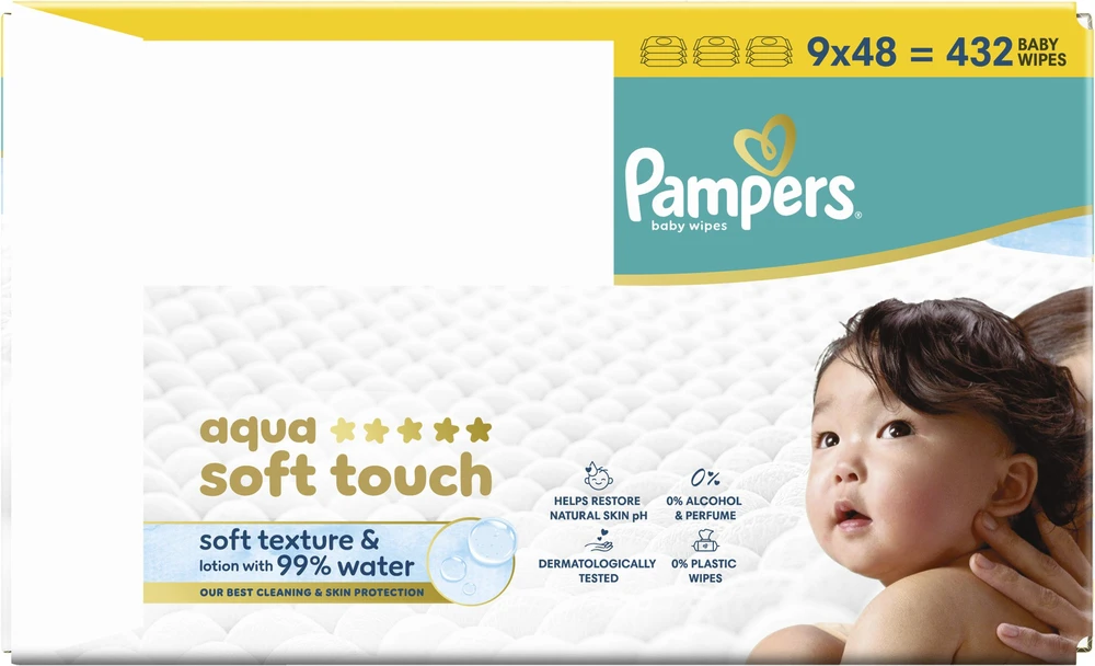 Pampers Aqua Soft Touch Servetėlės Kūdikiams, 9 Pakuotė, 432 Servetėlės