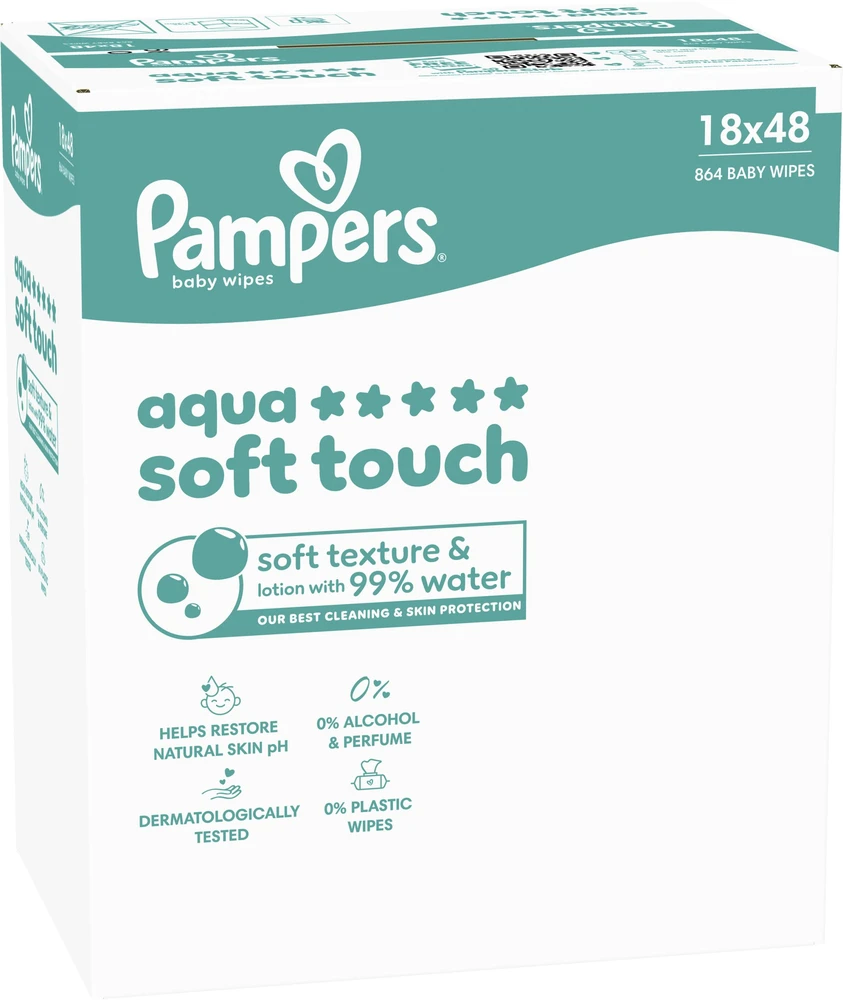 Pampers Aqua Soft Touch Servetėlės Kūdikiams, 18 Pakuotė, 864 Servetėlės
