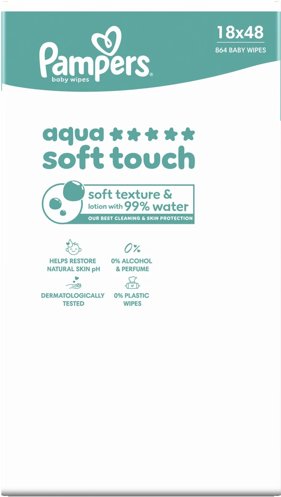 Pampers Aqua Soft Touch Servetėlės Kūdikiams, 18 Pakuotė, 864 Servetėlės