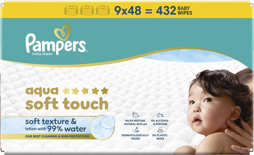 Pampers Aqua Soft Touch Servetėlės Kūdikiams, 9 Pakuotė, 432 Servetėlės