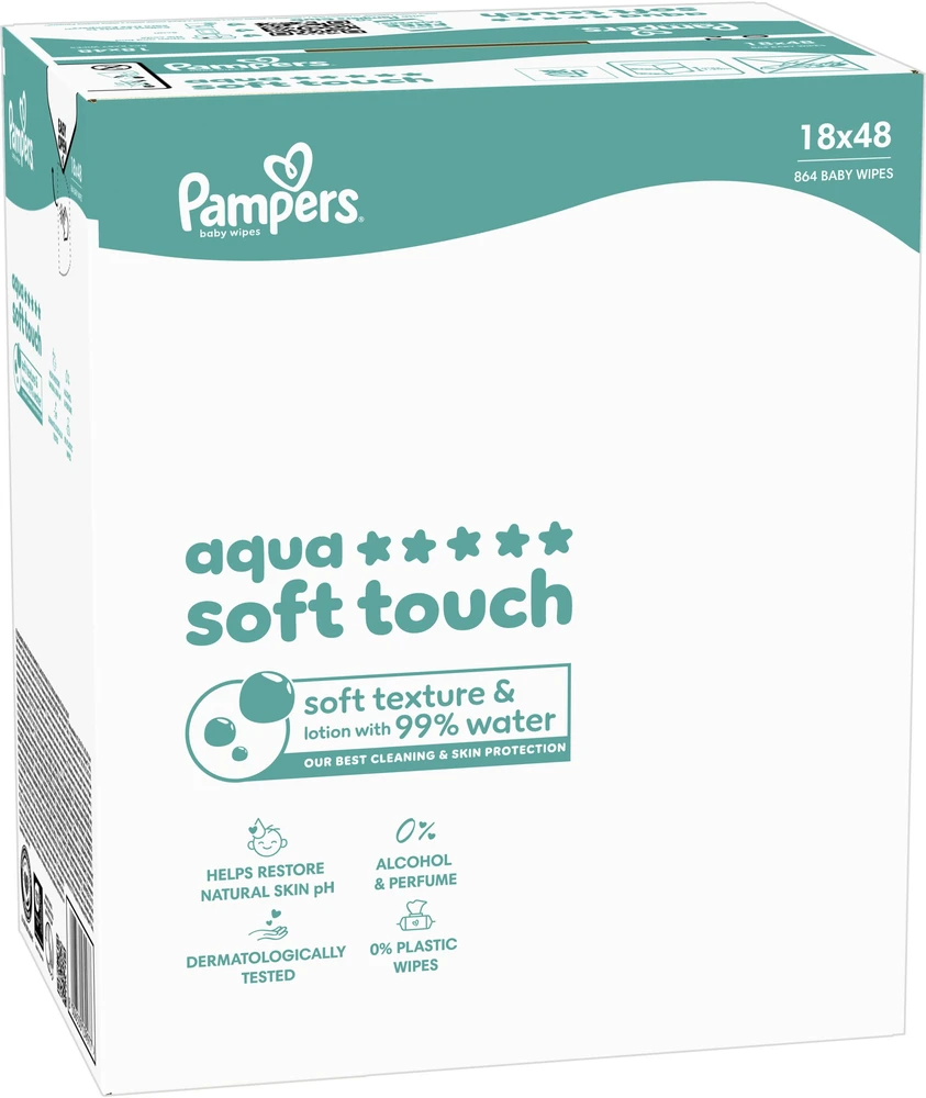 Pampers Aqua Soft Touch Servetėlės Kūdikiams, 18 Pakuotė, 864 Servetėlės