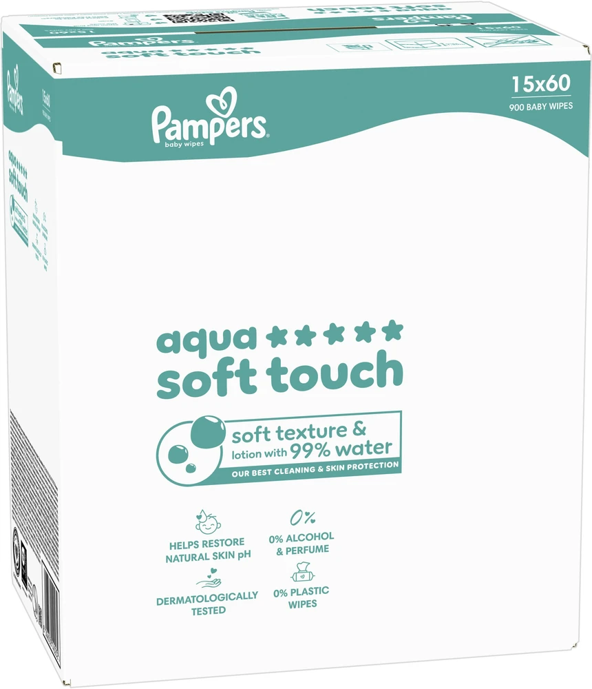 Pampers Aqua Soft Touch Servetėlės Kūdikiams, 15 Pakuotė, 900 Servetėlės