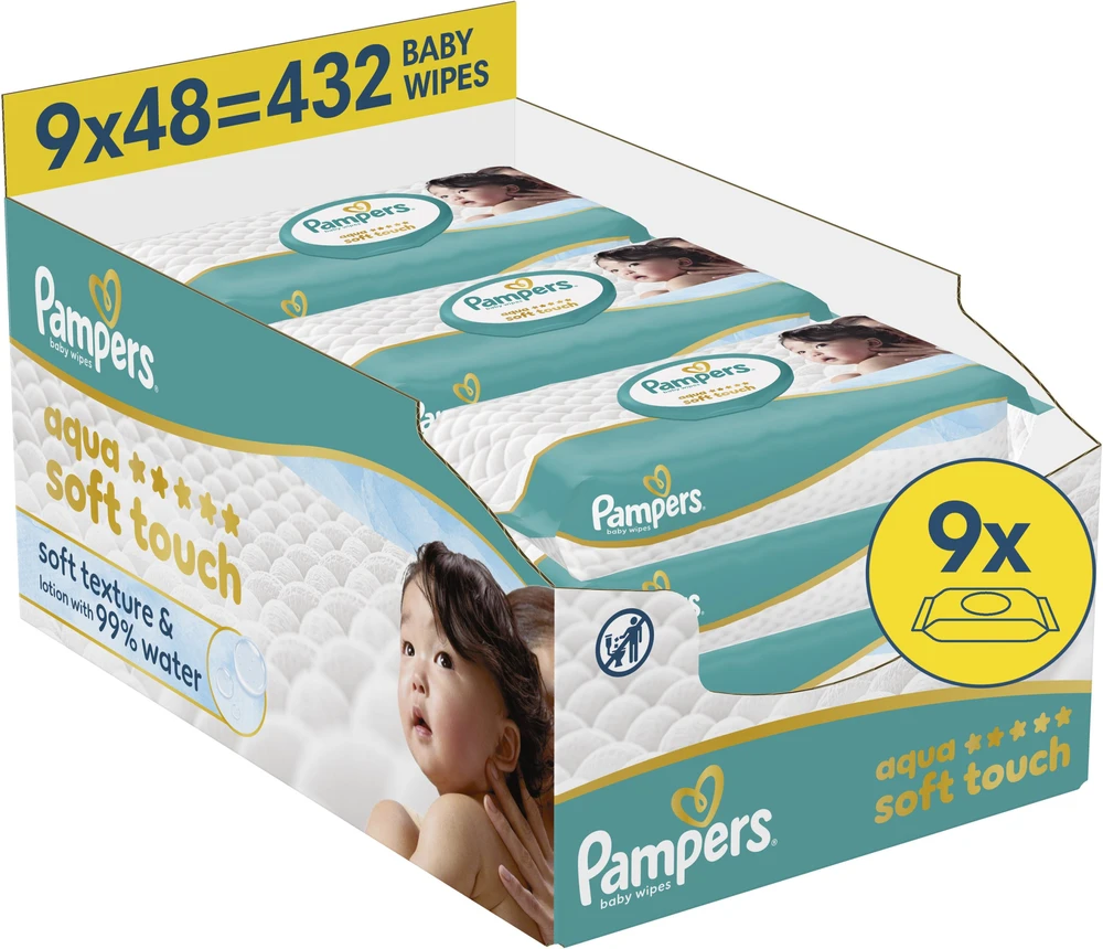 Pampers Aqua Soft Touch Servetėlės Kūdikiams, 9 Pakuotė, 432 Servetėlės