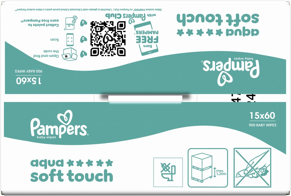 Pampers Aqua Soft Touch Servetėlės Kūdikiams, 15 Pakuotė, 900 Servetėlės