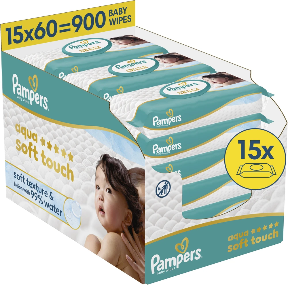 Pampers Aqua Soft Touch Servetėlės Kūdikiams, 15 Pakuotė, 900 Servetėlės