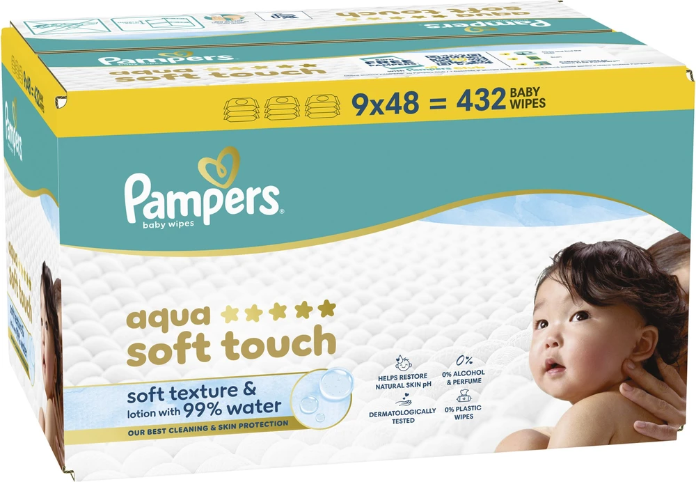 Pampers Aqua Soft Touch Servetėlės Kūdikiams, 9 Pakuotė, 432 Servetėlės