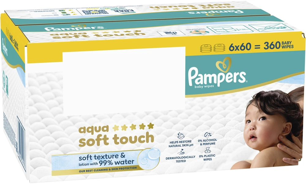 Pampers Šlapios servetėlės Aqua Soft Touch 6x60 vnt. Plastic Free