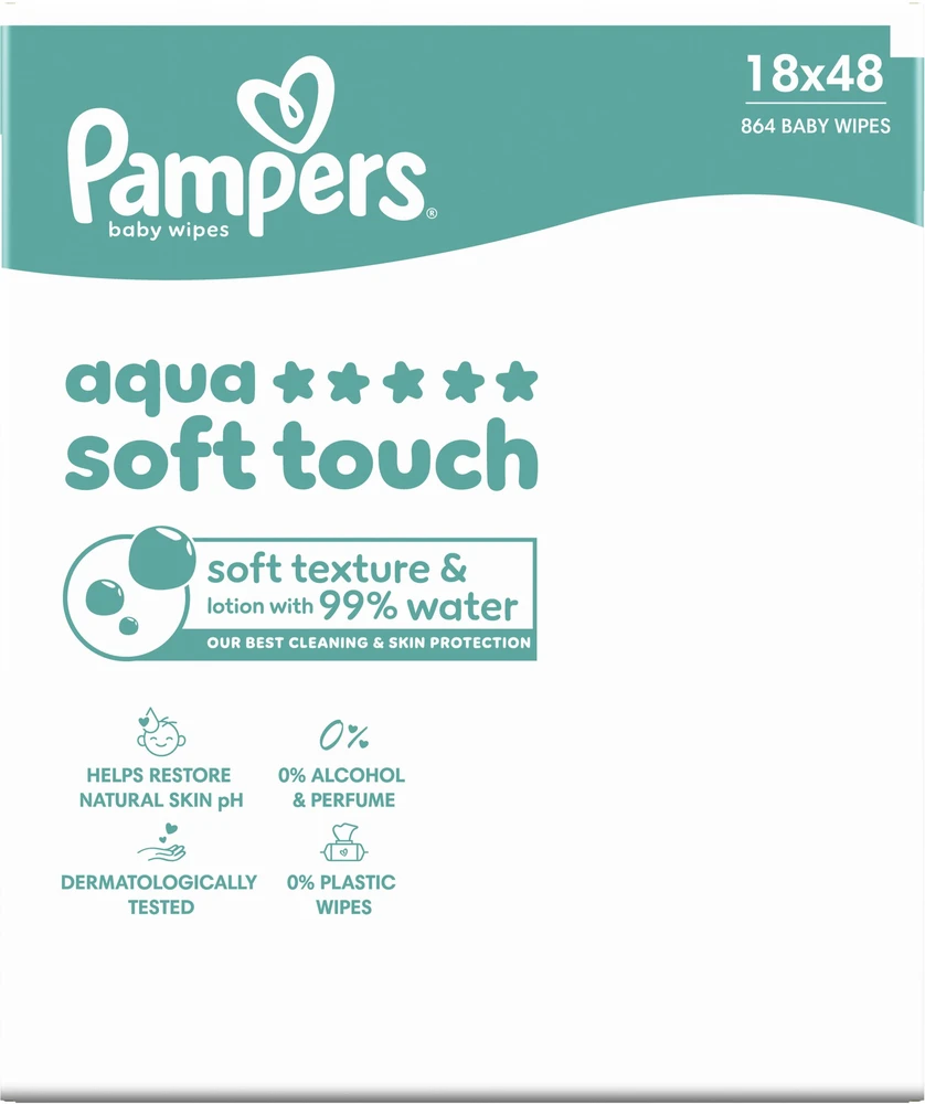Pampers Aqua Soft Touch Servetėlės Kūdikiams, 18 Pakuotė, 864 Servetėlės