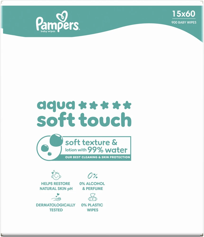 Pampers Aqua Soft Touch Servetėlės Kūdikiams, 15 Pakuotė, 900 Servetėlės
