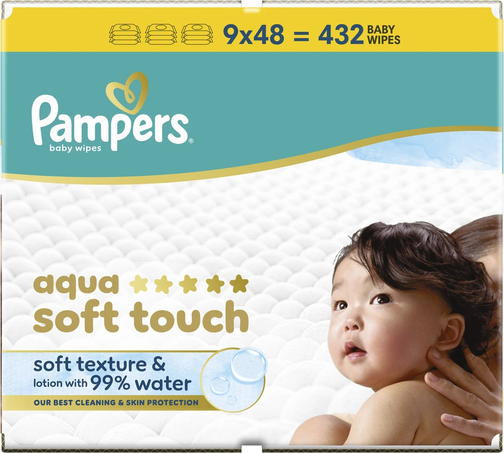 Pampers Aqua Soft Touch Servetėlės Kūdikiams, 9 Pakuotė, 432 Servetėlės