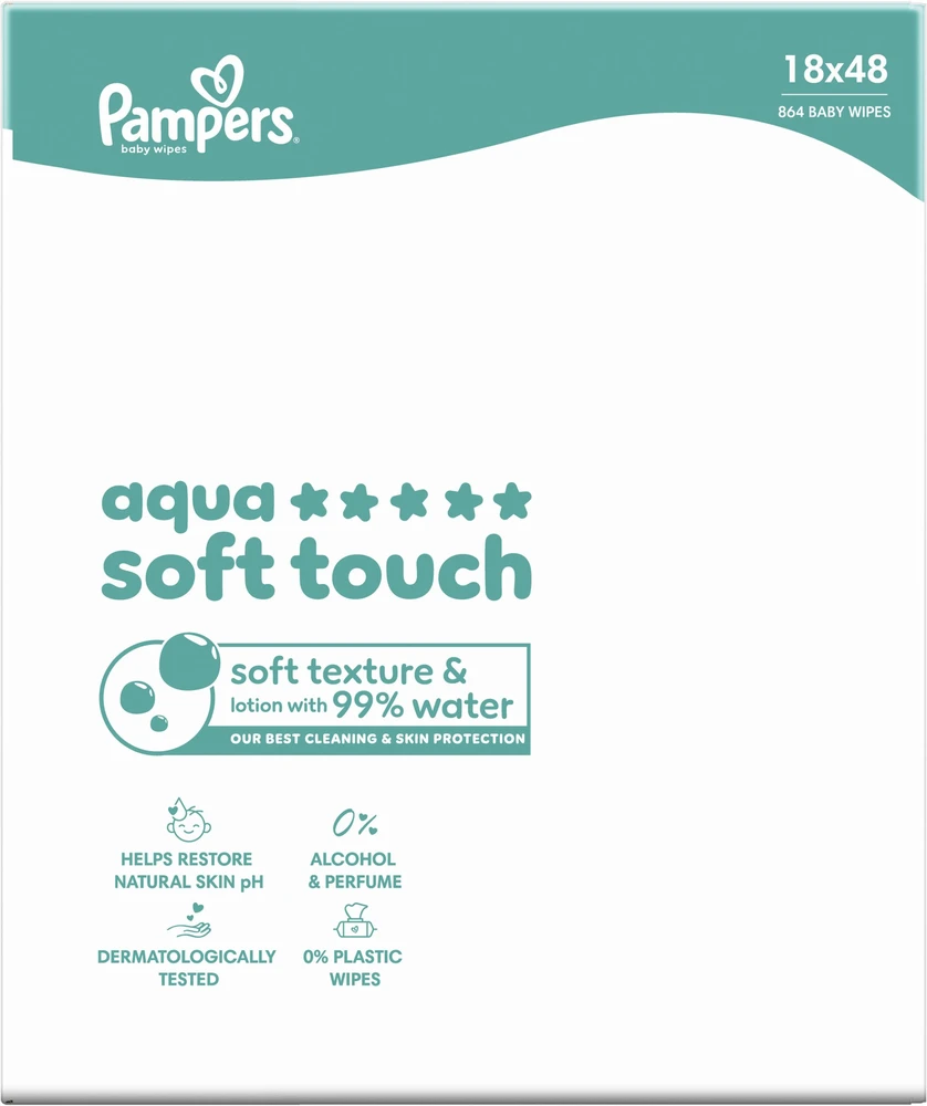 Pampers Aqua Soft Touch Servetėlės Kūdikiams, 18 Pakuotė, 864 Servetėlės