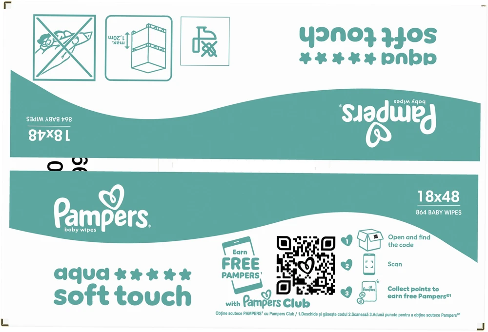 Pampers Aqua Soft Touch Servetėlės Kūdikiams, 18 Pakuotė, 864 Servetėlės