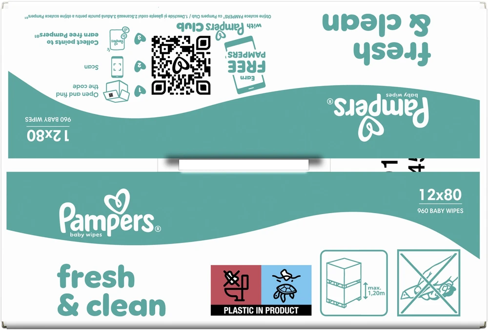 „Pampers FreshClean“ drėgnos servetėlės, 12 x 80 vnt.
