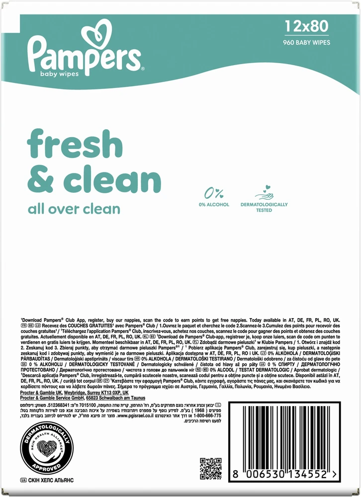 „Pampers FreshClean“ drėgnos servetėlės, 12 x 80 vnt.