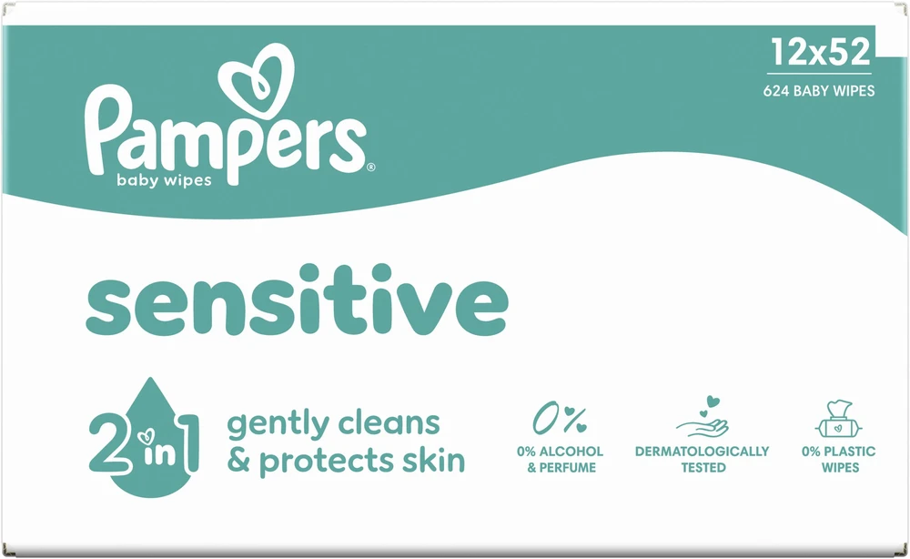 Pampers Sensitive Servetėlės Kūdikiams, 12 Pakuotė, 624 Servetėlės
