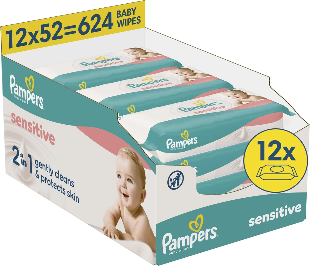 Pampers Sensitive Servetėlės Kūdikiams, 12 Pakuotė, 624 Servetėlės