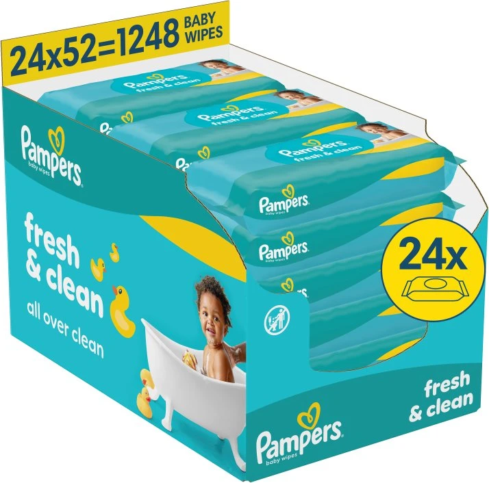 Pampers Fresh Clean Plastic Free Servetėlės Kūdikiams, 24 Pakuotė, 1248 Servetėlės