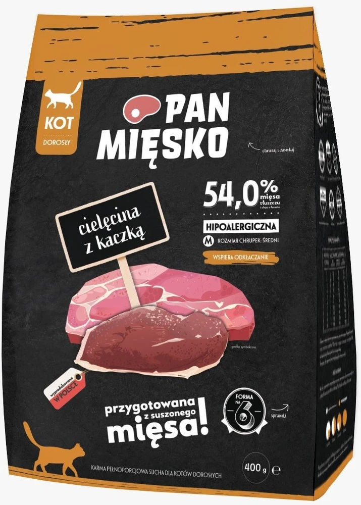 PAN MIĘSKO Veal with duck M – sausas kačių maistas – 400g