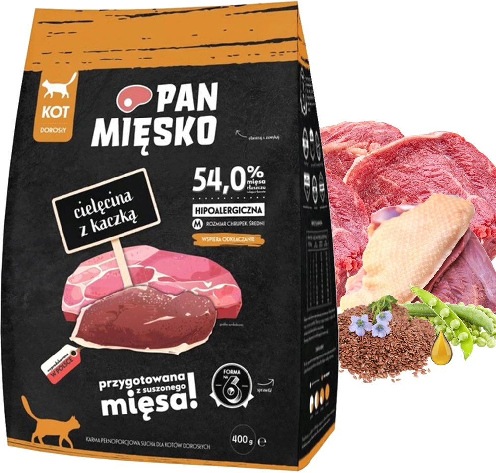 PAN MIĘSKO Veal with duck M – sausas kačių maistas – 400g