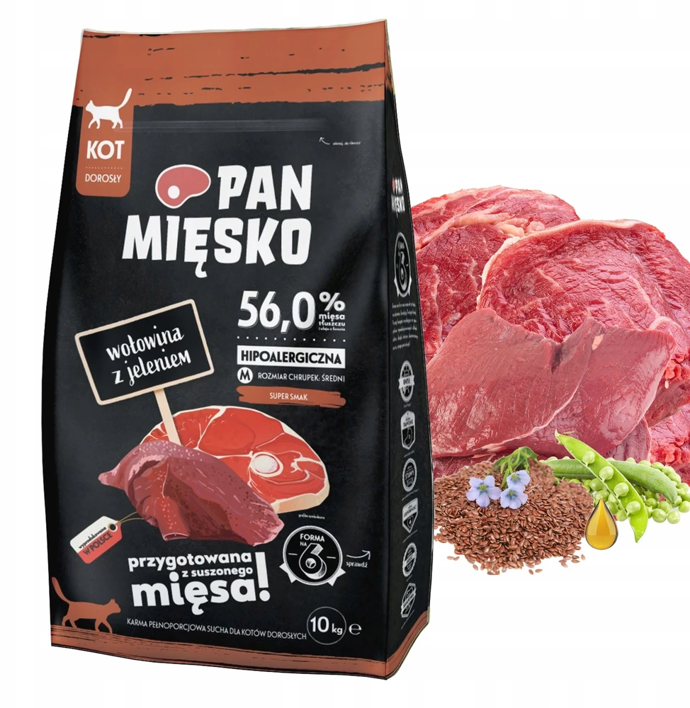 Pan Miesko Vyr. Mėsiška sausa katės maistas Jautiena su elniu (suaugusiam) traškūs M 10kg