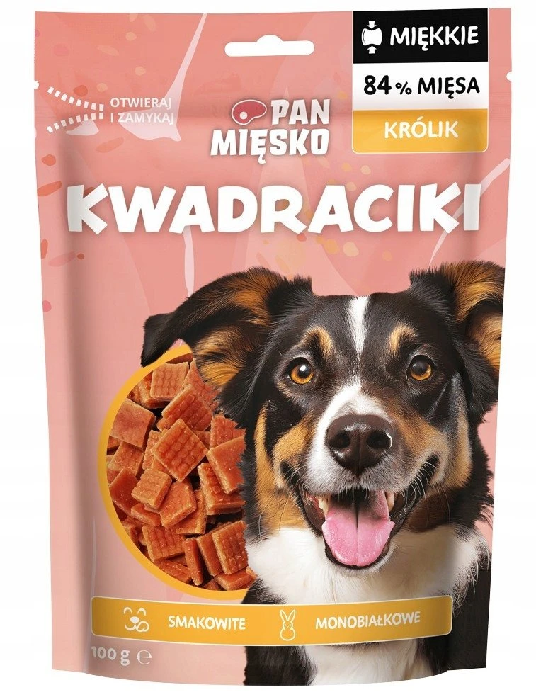 Šunų Priedas - PAN MIĘSKO Kvadratai Su Triušių Mėsa 100g Be Grūdų Hipoalerginis