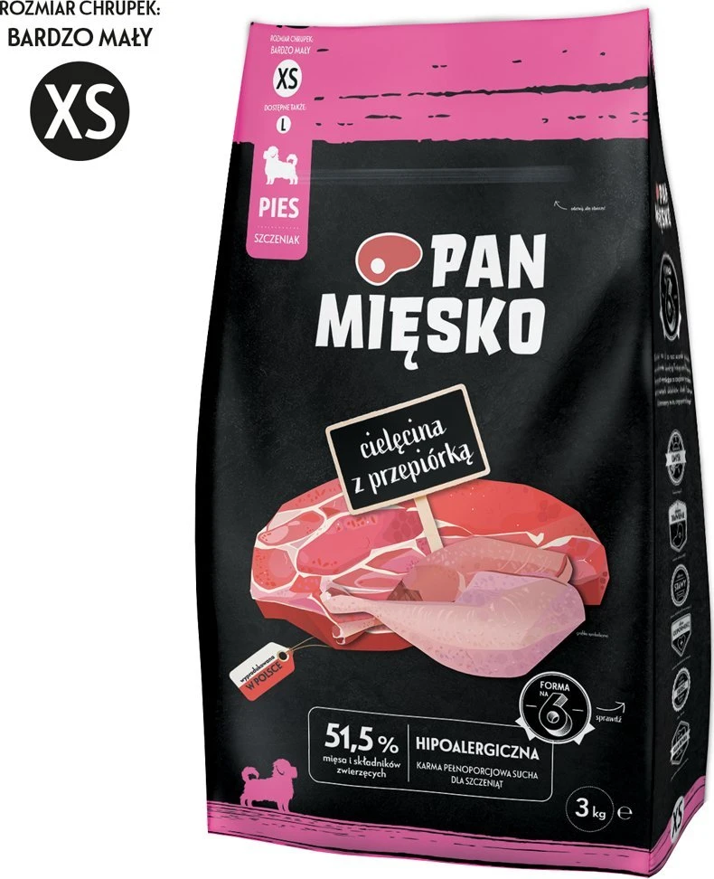 PAN MIĘSKO Veal with quail XS (puppy) – sausas Maistas šunims – 3kg