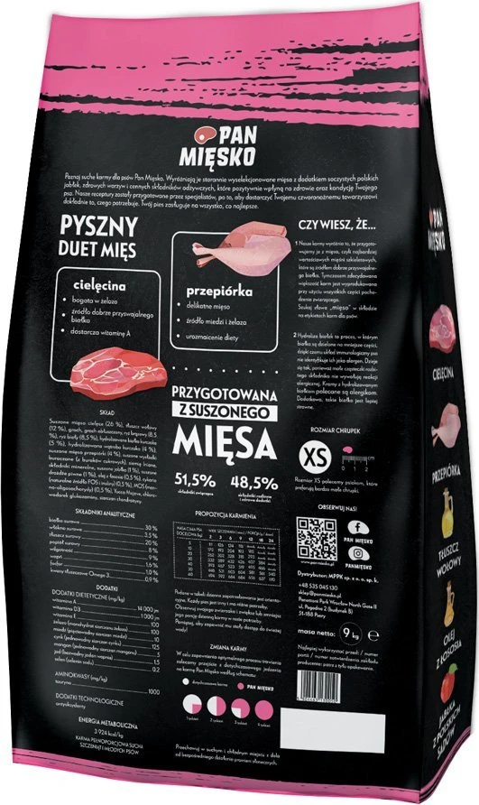Pan Mięsko Sausas šunų maistas Veršiena su putpeliu (šuniukas) traškus XS 9kg