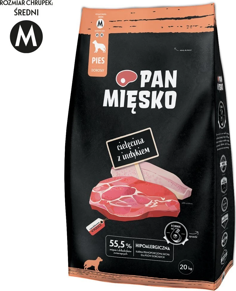PAN MIĘSKO Cielęcina su indykiem M – sausas Maistas šunims – 20kg
