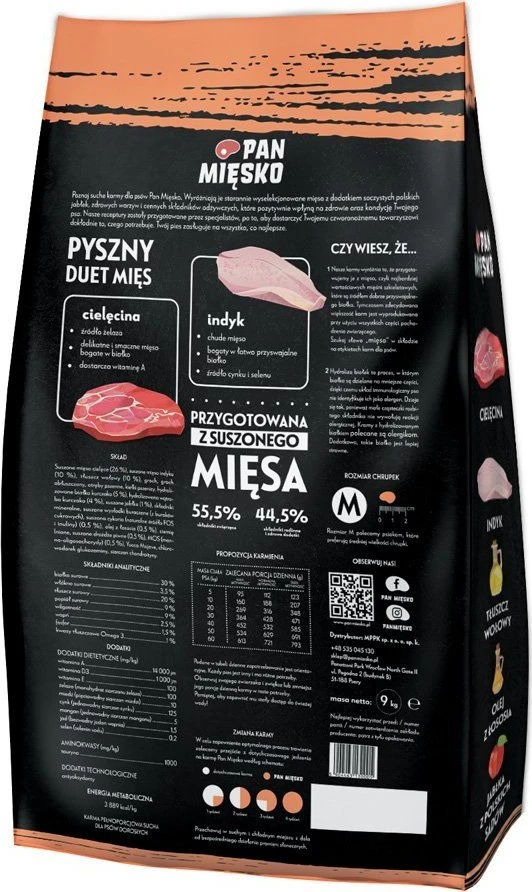 PAN MIĘSKO Cielęcina su indykiem M – sausas Maistas šunims – 20kg