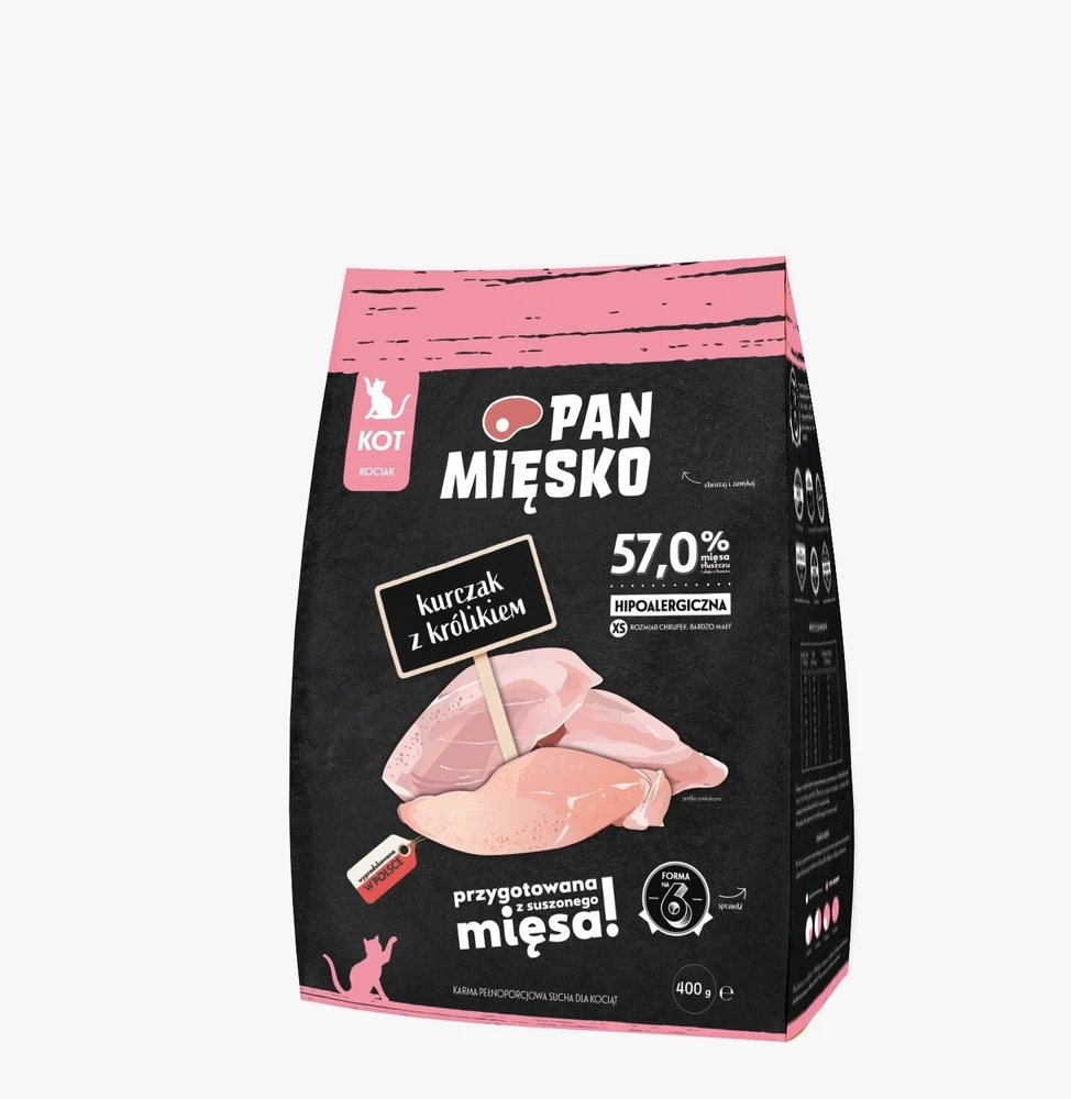 PAN MIĘSKO vištiena with rabbit XS – sausas kačių maistas – 400g