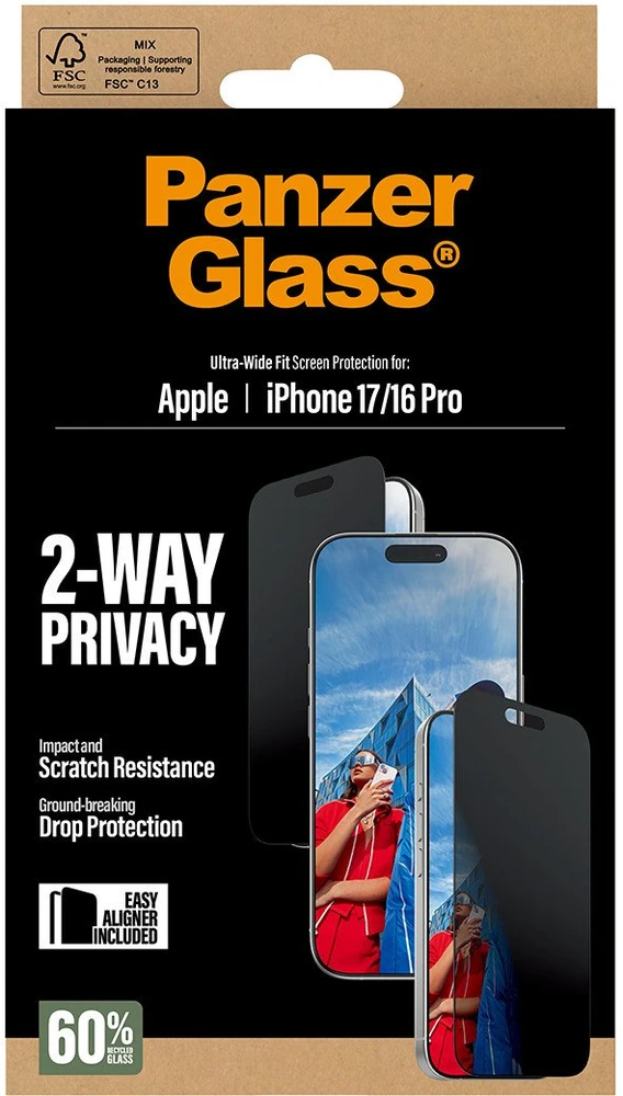 „Panzer Glass“ itin plataus kampo „EasyAligner“ privatumo stiklas, skirtas „iPhone 17 / 16 Pro“