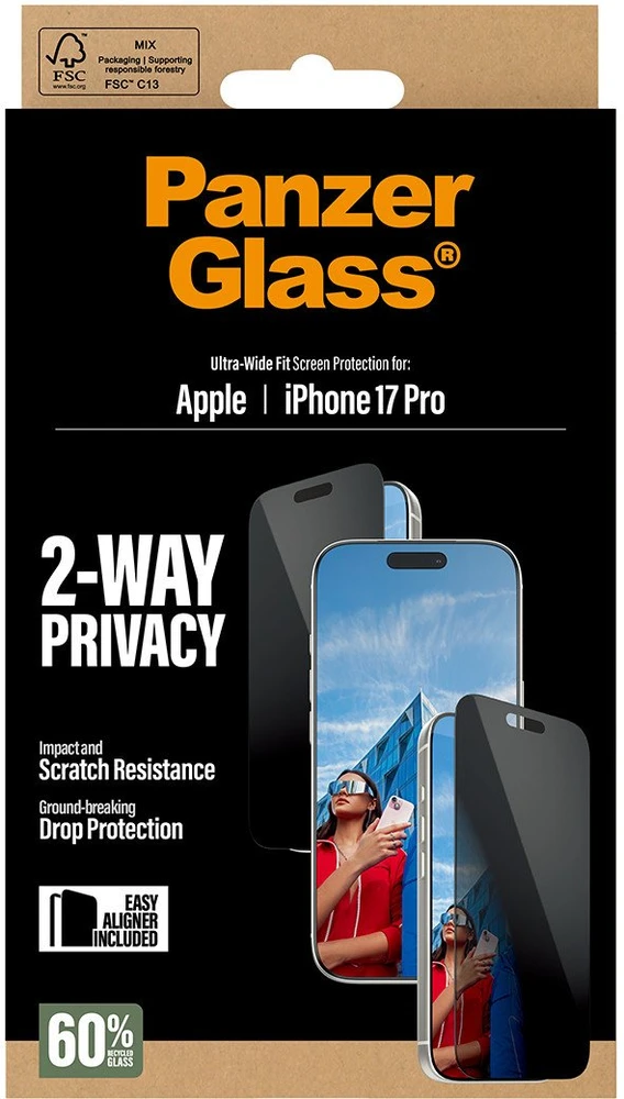 „Panzer Glass“ itin plataus diametro „EasyAligner“ privatumo stiklas, skirtas „iPhone 17 Pro“