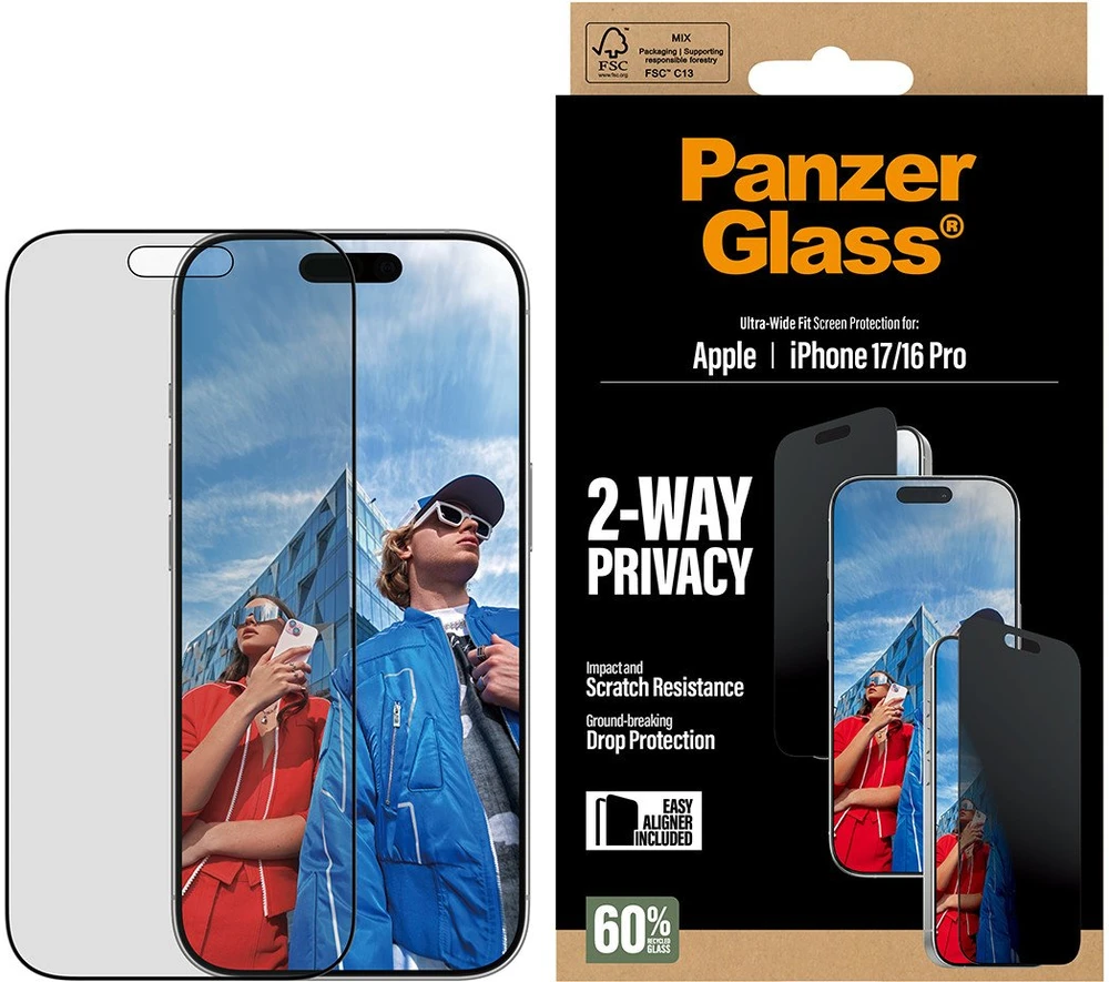 „Panzer Glass“ itin plataus kampo „EasyAligner“ privatumo stiklas, skirtas „iPhone 17 / 16 Pro“