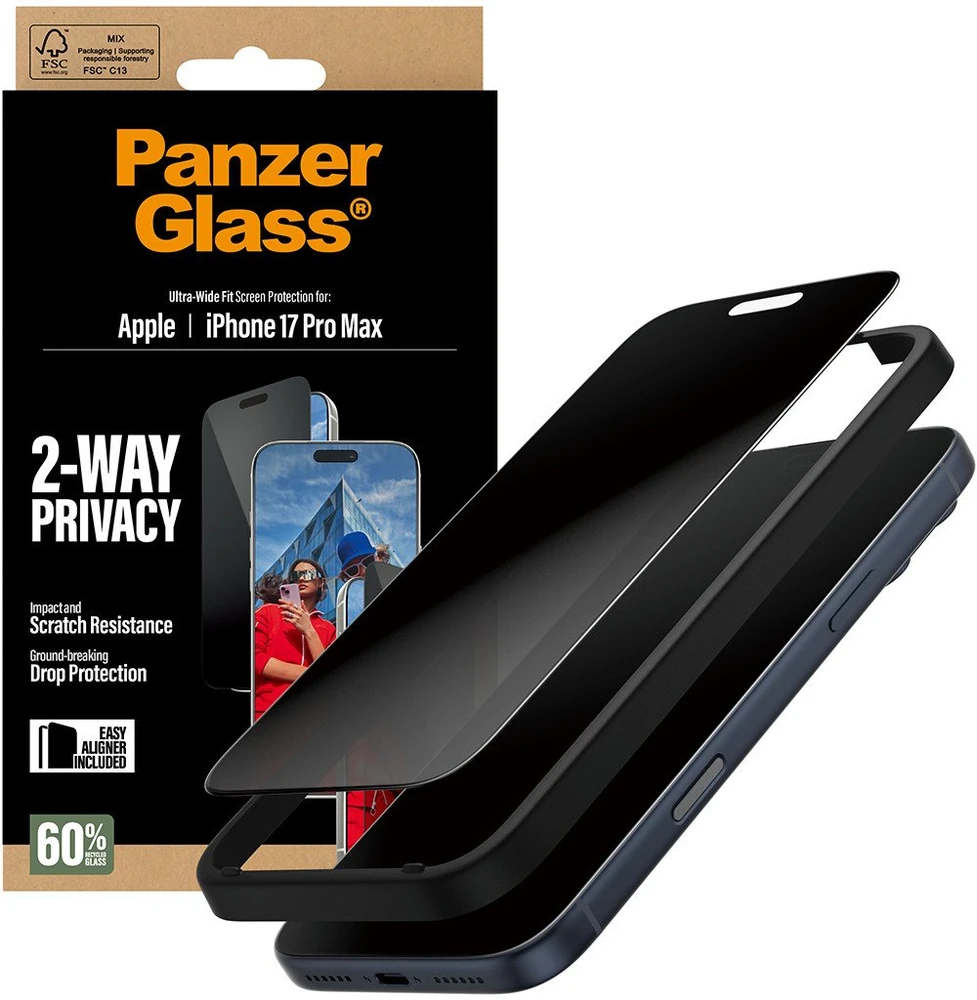 „Panzer Glass PanzerGlass“ itin plataus pritaikymo „EasyAligner“ privatumo stiklas, skirtas „iPhone 17 Pro Max“