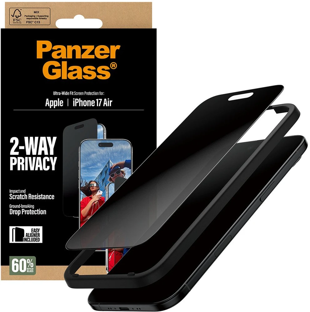 „Panzer Glass“ itin plataus pritaikymo „EasyAligner“ privatumo stiklas, skirtas „iPhone Air“.