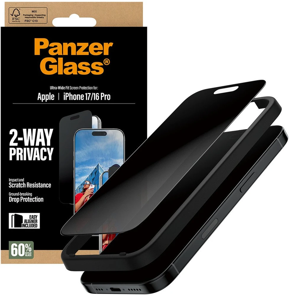 „Panzer Glass“ itin plataus kampo „EasyAligner“ privatumo stiklas, skirtas „iPhone 17 / 16 Pro“