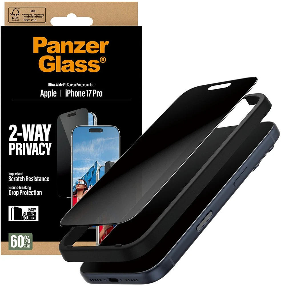 „Panzer Glass“ itin plataus diametro „EasyAligner“ privatumo stiklas, skirtas „iPhone 17 Pro“