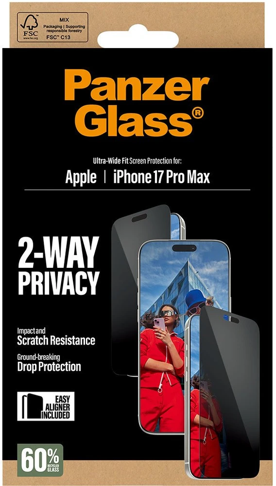„Panzer Glass PanzerGlass“ itin plataus pritaikymo „EasyAligner“ privatumo stiklas, skirtas „iPhone 17 Pro Max“