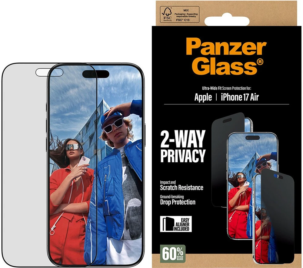 „Panzer Glass“ itin plataus pritaikymo „EasyAligner“ privatumo stiklas, skirtas „iPhone Air“.