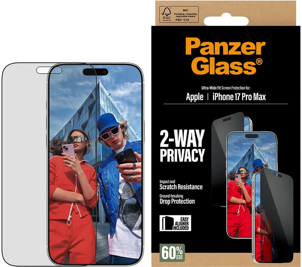„Panzer Glass PanzerGlass“ itin plataus pritaikymo „EasyAligner“ privatumo stiklas, skirtas „iPhone 17 Pro Max“