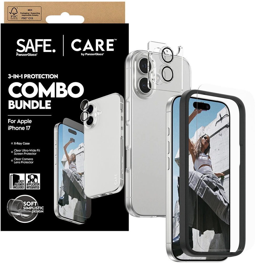 „Panzer Glass CARE by PanzerGlass“ madingas „Combo 3in1“ dėklas + stiklas + objektyvas, skirtas „iPhone 17“