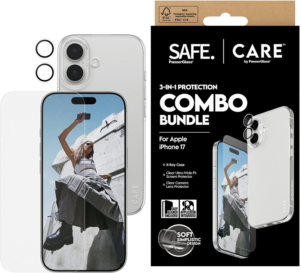 „Panzer Glass CARE by PanzerGlass“ madingas „Combo 3in1“ dėklas + stiklas + objektyvas, skirtas „iPhone 17“