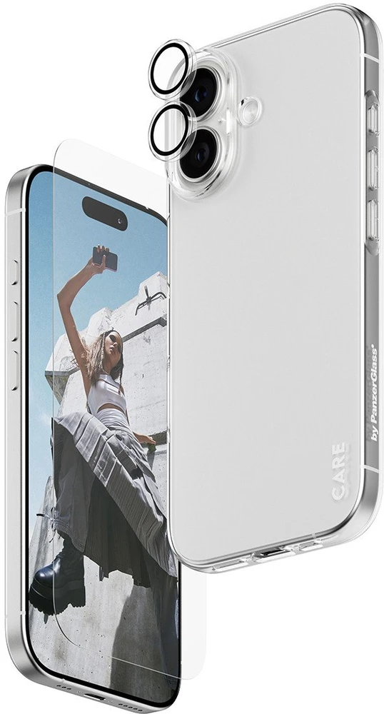 „Panzer Glass CARE by PanzerGlass“ madingas „Combo 3in1“ dėklas + stiklas + objektyvas, skirtas „iPhone 17“