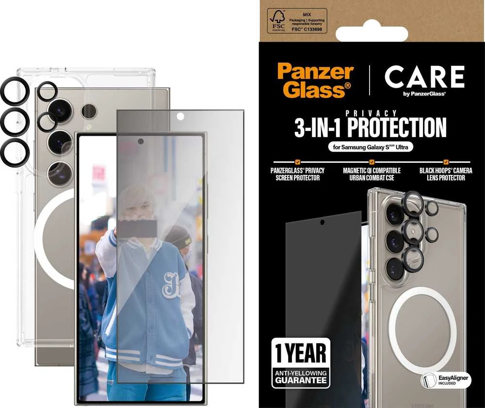 Panzer Glass Apsauginis rinkinys CARE by PanzerGlass Flagship 3in1 dėklas+apsauginis stiklas su privatumo filtru+kameros apsauga Samsung Galaxy S25 Ultra
