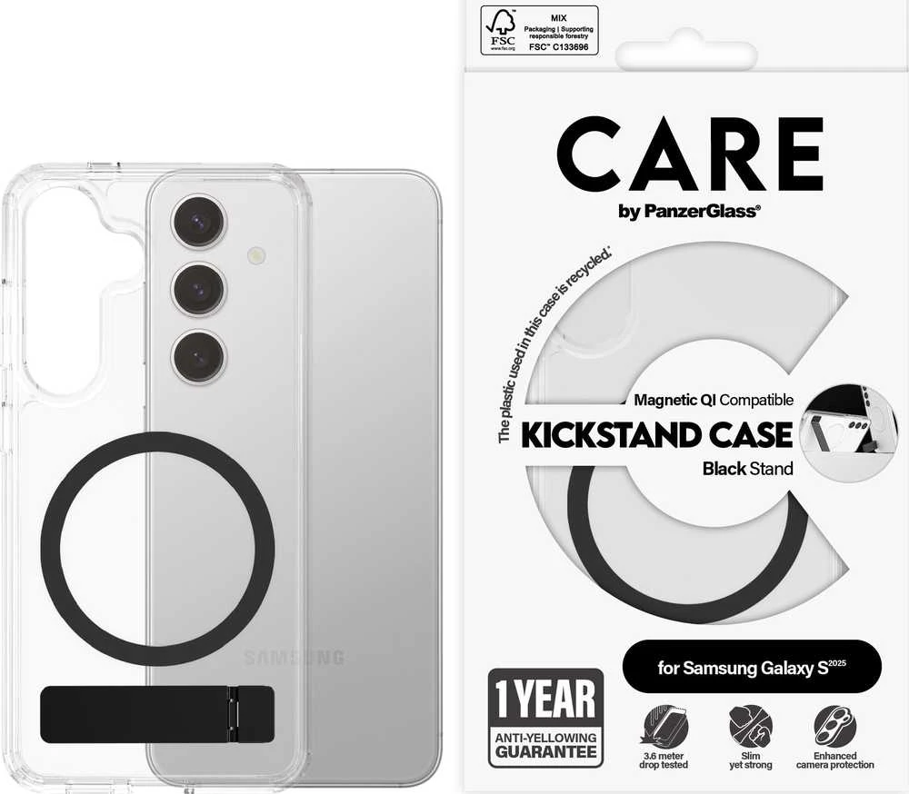 Dėklas Panzer Glass CARE by PanzerGlass Feature Juodas Kickstand & QI Samsung Galaxy S25 skaidrus